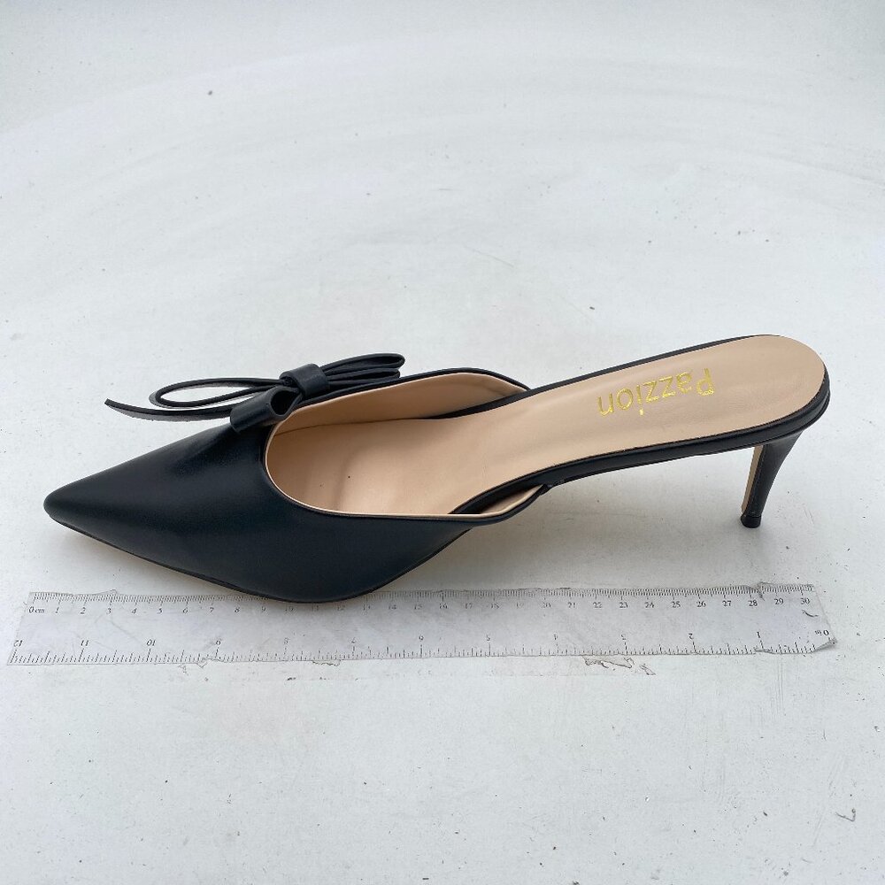 Pazzion Black Pointed Toe Mules with Bows Backless Slip On High Heels Slippers